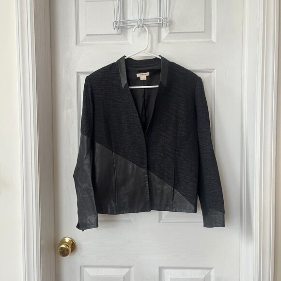 Helmut Lang Lamb Leather Combo Assymetrical Blazer Pattern Crop Black Jacket 2 - Picture 2 of 9